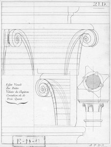 Het Korinthische kapiteel, illustratie uit een boek over geometrie, 18e of 19e eeuw, gepubliceerd Avec Privilege du Roy et E.. du Gouvernement