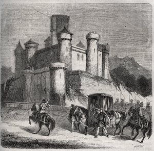 De stoet van Rigonde (ca. 569-na 589) verlaat Parijs om naar haar verloofde, prins Recarede, te gaan. Gravure uit 1871 in 