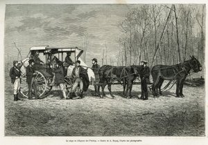 De koets of diligence op het paard van de prairies, tekening door A.Dupuis, ter illustratie van het verhaal van een excursie naar Canada en de noordelijke rode rivier, in 1873, door H. de Lamotte. Gravure in Le tour du monde door French School