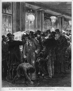 De crisis van 16 mei 1877: het lezen van het laatste nieuws op de boulevard des Italians in Parijs. Deze Franse politieke crisis is het resultaat van de brief van Mac Mahon die de houding van Raadspresident Jules Simon bekritiseert, die uiteindelijk zal af