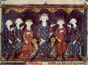 De vervloekte koningen: Filips IV de Schone (1268 - 1314) omringt zijn dochter Isabella (Koningin van Engeland) en zijn drie zonen Lodewijk (Koning Lodewijk X), Karel (Koning Karel IV), Filips (Koning Filips V), en zijn broer Karel van Valois - Miniatuur u