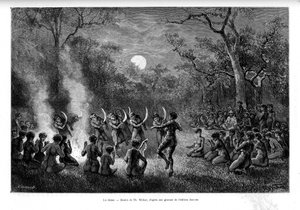 De dans van de boemerang rond het vuur bij de Aboriginals van Australië - in "Tour du Monde" door French School