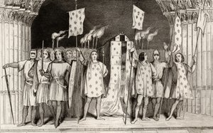 De dode zuigeling Jan I (1316) de Postume uitgeroepen tot koning bij zijn begrafenis, uit 