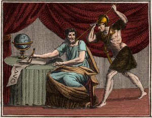 De dood van Archimedes tijdens de verovering van Syracuse, Sicilië, door Romeinse soldaten in 212 v.Chr.