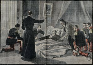 De dood van Felix Faure, president van Frankrijk. Abbe Renault gaf hem de absolutie. Gravure in Le Pelerin 26/02/1899