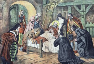 De dood van Saint Francois de Sales op 18 december 1622 in Lyon werd omgeven door fideles. "Le pelerin" van 31/12/1922 (prent)