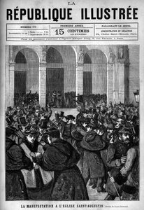 De demonstratie bij de kerk van Saint Augustine in Parijs: verhitte discussie tussen de Parijse politie en demonstranten die tegen de decreten van maart 1880 zijn, genomen door Jules Ferry, die het recht op onderwijs voor niet-erkende religieuze congregati door French School