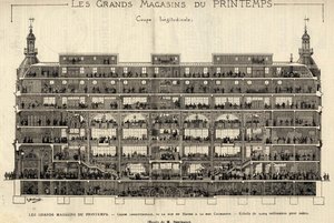 De warenhuizen van Printemps in 1889, lengtedoorsnede, van Rue du Havre tot Rue Caumartin, tekening door Berteault, Bianchetti collectie door French School