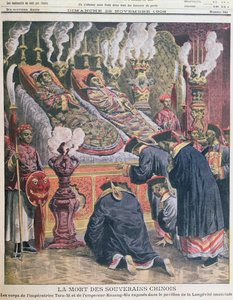 De tentoonstelling van de lichamen van Keizer Kouang-Siu en zijn tante de Keizerin Tseu-Hi in het paviljoen van keizerlijke levensduur, illustratie uit Le Petit Journal door French School