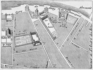 De wijk van het College des Quatre Nations (Vier Naties) en het hotel Conti-Fac-Simile in het plan van J. de la Caille
