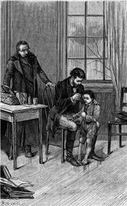 De dokter was marmerend: een dokter onderzoekt het oor van een doof kind. Gravure ter illustratie van 