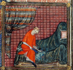 De droom, detail: De minnaar kleedt zich aan. Miniatuur in Roman de la rose door Jean de Meun, circa 1370. Chantilly, Musee Conde door French School