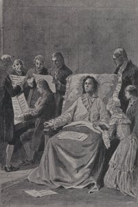 De stervende Wolfgang Amadeus Mozart luistert naar zijn vrienden die zijn cantate In Praise of Friendship uitvoeren (gravure)