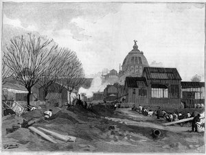 De grondverzetlocatie voor de installatie van de monumentale fontein in Parijs voor de wereldtentoonstelling van 1889. door French School