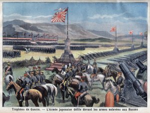 Het einde van het Japans-Russische conflict, het zegevierende Japanse leger zit voor de overname van de Russische wapens, in 