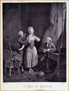 Het essay van het korset (twee mannen en een vrouw met ontblote borsten) - 18e-eeuwse gravure. door French School