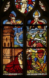 De executie van Sint-Barbara; God de Vader boven als paus