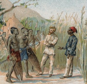 De ontdekkingsreiziger Paul Crampel (1864 - 1891) parlementeert met de inboorlingen van Congo. Chromolithografie van de 19e eeuw