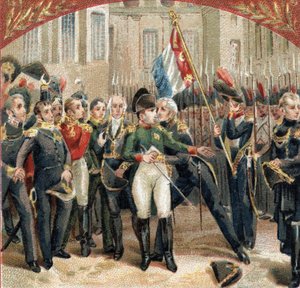Het afscheid van Napoleon Bonaparte (1769-1821) aan de keizerlijke garde op de binnenplaats van Cheval Blanc in het kasteel van Fontainebleau op 20/04/1814. Chromolithografie van het einde van de 19e eeuw door French School