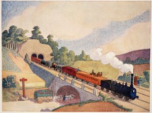 De eerste spoorlijn van Parijs naar Rouen, kopie van een postzegel uit 1837, door M. Charles Sanlaville (fl.1920-30), illustratie uit Histoire de la Nation Francaise, door Gabriel Hanotaux (1853-1944), 1924
