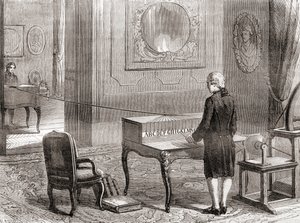 De eerste demonstratie in 1774 van de elektrische telegraaf, uitgevonden door Georges-Louis Le Sage, uit Les Merveilles de la Science, gepubliceerd ca. 1870