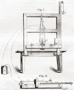 De eerste elektrische telegraaf uitgevonden door Samuel Morse in 1837, uit Les Merveilles de la Science, gepubliceerd ca. 1870 door French School