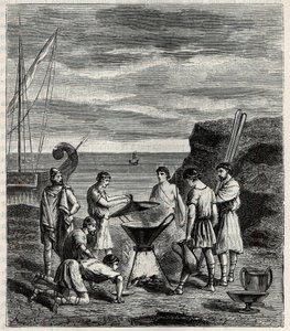 De eerste zeevaarders in de Griekse archipel verkregen vers water door zeewater te verdampen - Gravure in 