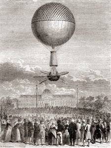 De eerste succesvolle ballonvlucht van Jean-Pierre François Blanchard op 2 maart 1784, in een waterstofgasballon gelanceerd vanaf het Champ de Mars, Parijs, Frankrijk, uit Les Merveilles de la Science, gepubliceerd ca. 1870