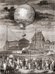 De vlucht van de Aérostat Réveillon op 19 september 1783 door de gebroeders Montgolfier in Versailles, Frankrijk, voor koning Lodewijk XVI van Frankrijk en koningin Marie Antoinette, uit Les Merveilles de la Science, gepubliceerd ca.1870 (gravure) door French School
