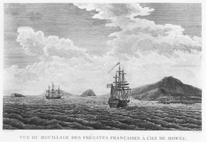 De fregatten van La Perouse bij het eiland Maui (gravure) door French School