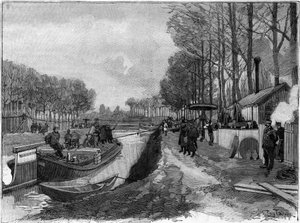 De funiculaire sleep van boten op de kanalen in Joinville-le-Pont, volgens het systeem van Maurice Lévy. door French School