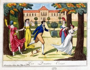 Het spel van de vier hoeken. Gravure begin 19e eeuw door French School