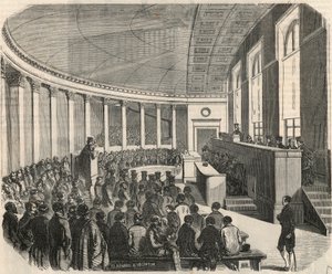 Het grote amfitheater tijdens een wedstrijd aan de rechtenfaculteit in Parijs - Gravure in 