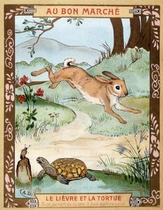 De haas en de schildpad (Fabel van La Fontaine) - Bon Marché reclame sticker, eind 19e eeuw