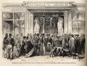 De paardenslagerij bij de barrière de Fontainebleau (Parijs) geopend in 1866 - boucherie chevaline - Boucherie Meat de Cheval Boulevard Italie nabij de barrière de Fontainebleau 1866) Gravure in 