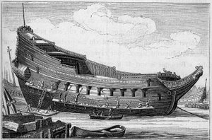 De romp van een groot schip in de 17e eeuw. Gravure in 
