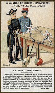 Het onmogelijke duel: kind kaart die een spel uitlegt om zelf te bouwen. Chromolithografie uit de 19e eeuw. door French School