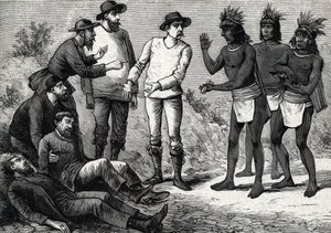 De inwoners van Peru helpen de koloniale Europeanen die lijden aan malaria met kinine (gravure) 1888 door French School