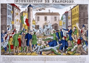 De opstand van Frankfurt op 3 april 1833, hoofdstad van de Duitse Bond. Afbeelding van Epinal door French School
