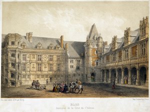 Het interieur van de binnenplaats van het kasteel van Blois in de periode van Francois 1e (16e eeuw) - lithografie door French School