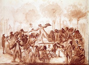 De journalist Camille Desmoulins (1760-1794) sprak de patriotten toe in de tuinen van het Koninklijk Paleis. Eerste scène van de Franse revolutie in Parijs, 12 juli door French School