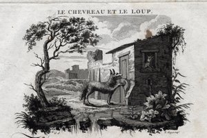 Het kind en de wolf. Fabel van Esope. Geschreven door Guillaume Montfort en gegraveerd door Beauble in 1801.