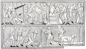 De werken van oorlog, wetenschap, handel en landbouw, naar een miniatuur in een 13e-eeuws psalter, uit Les Arts au Moyen Age, gepubliceerd 1873 door French School