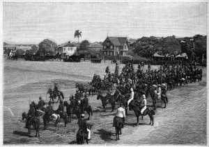 De laatste inspectie van president Etienne Félicité Salomon (1820-1888) in Port-au-Prince, Haïti.
