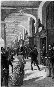 De brievenbusgalerij van het Hotel des Postes de la Rue du Louvre in Parijs. Gravure in het tijdschrift 
