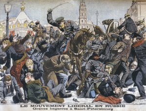 De liberale beweging in Rusland, gewelddadige schermutselingen in Sint-Petersburg, illustratie uit Le Petit Journal: Supplement illustre, 25 december 1904 door French School
