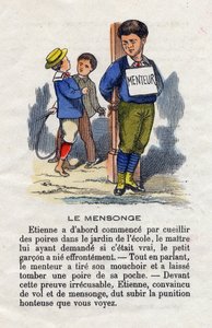 De leugen. Een schooljongen scheurt en bindt aan een paal met een 