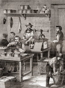 De fabricage van schietkatoen in de 19e eeuw, uit Les Merveilles de la Science, gepubliceerd ca. 1870 door French School