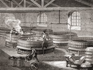 De productie van zeep in grote tanks in de 19e eeuw, uit Les Merveilles de la Science, gepubliceerd ca. 1870 (gravure) door French School
