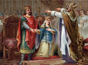 Het huwelijk van Clovis (481-511) Koning van de Franken met Clothilde in 493. Chromolithografie uit het einde van de 19e eeuw. door French School